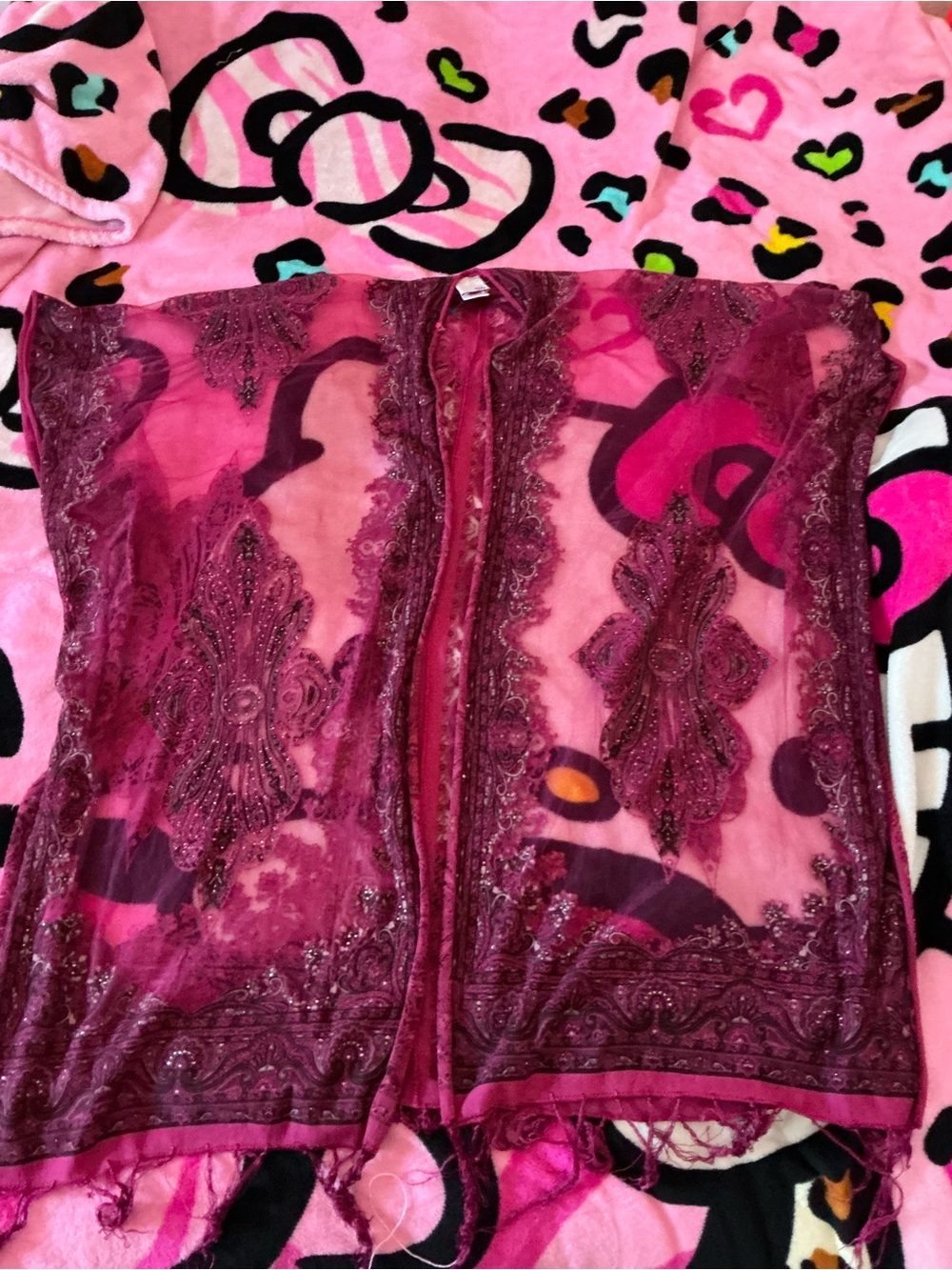 SO Sheer Embroidered Maroon/Pink shawl/ Coverup